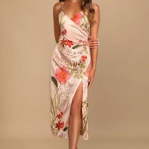 Lulu's Pink Floral Satin Midi Dress with Side Slit